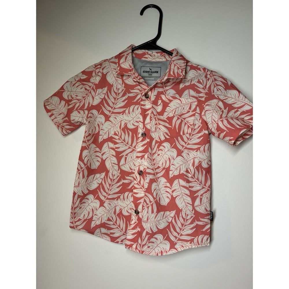 Eddie Bauer Shirt Youth 6 Orange Hawaiian Floral Short Sleeve Button‎ Up Casual